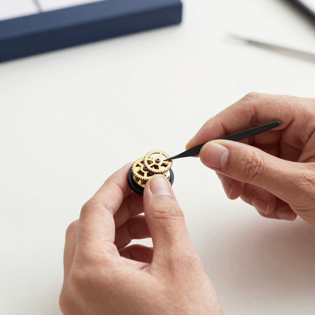 Close-up of a clockmaker's hands carefully assembling a wall clock mechanism, soft natural side-light, focus on the intricate gears and tools, minimalist background.
