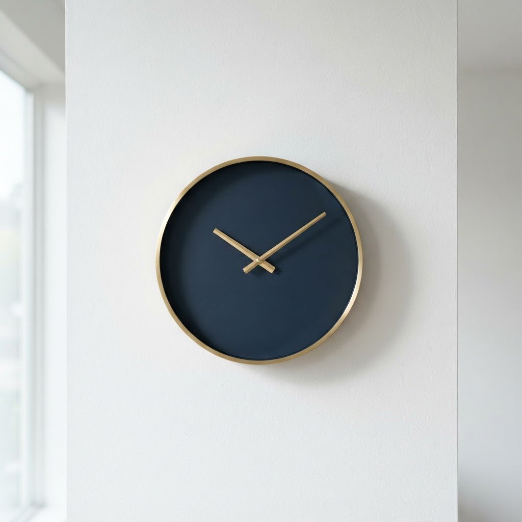 A sleek, modern wall clock with a dark blue face and minimalist gold hands, mounted on a clean white wall, soft natural side-lighting creating subtle shadows, architectural shot.